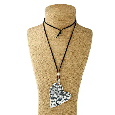 Large Statement Abstract Metal Heart Pendant On Long Suede Necklace Lagenlook • £3.95