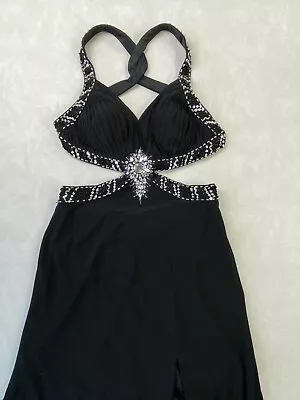 Cachet Long Dress Women 8 Black Sexy Jersey Crystal Beaded Cut Out Train Vtg 90s • $110