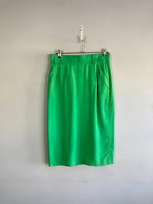 Vintage Louis Feraud Silk Pencil Skirt Green UK14 80s High Waist Straight • £26.99