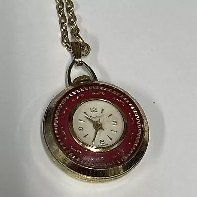 Vintage ENDURA Watch Pendant Necklace Red Gold Tone (Not Running) 24” • $5