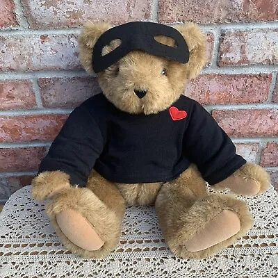 Vintage 1995 Vermont Teddy Bear Co Plush Jointed Black Shirt Heart & Sleep Mask • $21.95