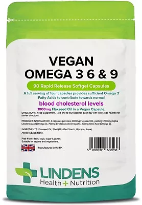 Vegan Omega 3 6 & 9 1000mg 90 Capsules Flaxseed Oil Blood Cholesterol Lindens • £10.54