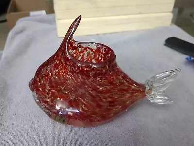 Vintage Red Gold Speck Fleck Murano Style Art Glass Fish Vase 8 X12  • $40