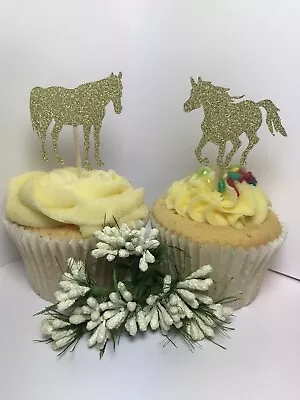 12 HORSES IN GOLD GLITTER Cupcake Pick Toppers Horse Pick Flags Cake Decorations • £3.59