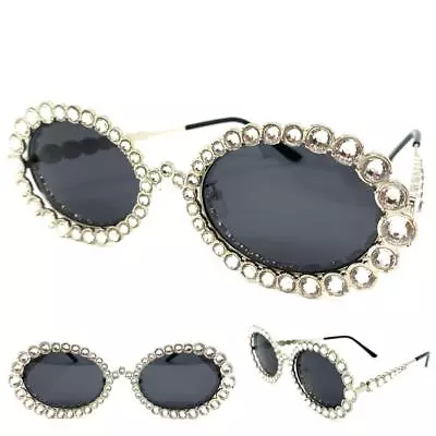 Classy Elegant Modern Retro SUN GLASSES Silver Oval Frame Big Sparkling Crystals • $14.99