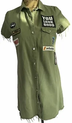 Zara Army Green Military Style Cotton Shirt Dress With Patches. Size: XS / GC • £13.99