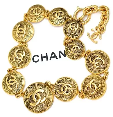 CHANEL CC Logos Round Coin Link Necklace 14  Gold Tone Auth #24031 • $985