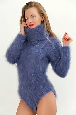 Blue Mohair Bodysuit Fetish Fuzzy Extra Long Turtleneck Hand Knit SUPERTANYA  • £214.98