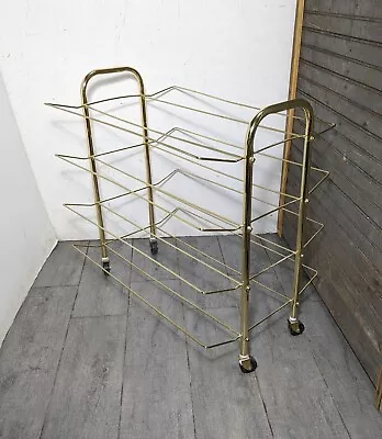 Vintage Mid Century Modern Gold Metal Rolling Magazine Newspaper Rack Cart M37 • $135