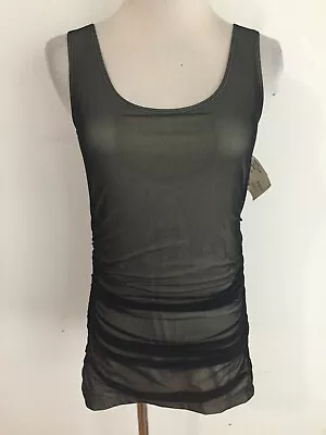 A'nue Ligne Sleeveless Top Ruched Black Mesh Over Beige Size P (XS) NWT MSRP $82 • $24.99