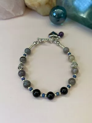 Empath Protection Bracelet. Black Tourmaline Agate Amethyst Gemstones. 7 Inch. • $25