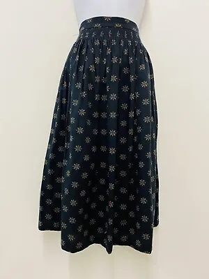Vintage Black Floral Midi Skirt Size 10 Cotton Landhaus Bohemian Pleated Boho  • £41.65