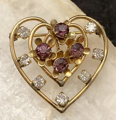 Vintage Van Dell GF Gold Filled White Purple Rhinestone Heart Brooch Pin 4.2g • $27.05