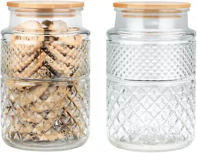 Set Of 2 60 Ounce Round Large Glass Jar With Bamboo Lid - Large Kitchen Decorati • $62.74