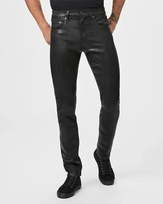 $220 PAIGE Men's Croft Black Coated Leather Like Ultra Skinny Jeans 34 W 35 X 29 • $99.99