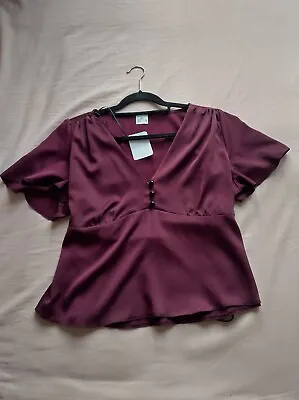 Vintage Style Burgundy Peplum Blouse With Front Buttons & Waist Tie 16 New • £8.99