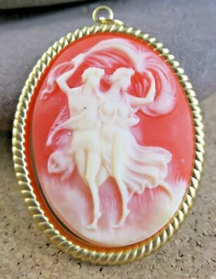 Vintage Pink Faux Shell Cameo Man & Woman Dancing 2  Gold-tone Pendant C-49 • $11.66