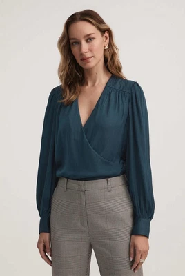 $35 • Buy WITCHERY Size 16 NWT $119 S22 Academy Blue Wrap Front Satin Blouse