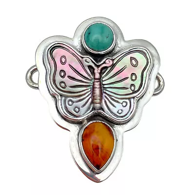 Tabra Jewelry 925 Silver Carved Mother Pearl Turquoise Carnelian Connector Charm • $250