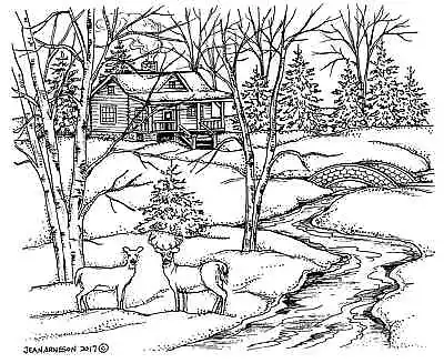 Winter Cabin Trees Deer Stream NORTHWOODS Wood Mounted Rubber Stamp NEW P10548 • $17.25