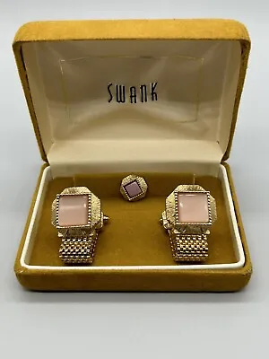 Vintage Swank Square Opal Gold Tone Mesh Cufflinks & Tie Pin In Original Box • $76.99