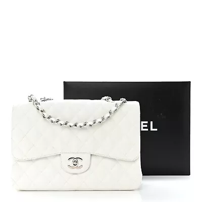 Chanel Quilted Caviar Jumbo Classic Flap White FULL SET • $5799