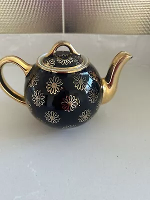 Vintage Hall French Teapot Black With Gold Daisy Flower Pattern 6 Cup • $19.99