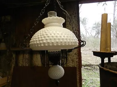 Vintage White Hobnail  Glass Hanging Swag Parlor Hurricane Lamp 15ft Chain • $50
