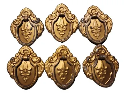 Vintage Victorian Fleur-de-lis Drop Ring  Pressed Metal Drawer Pulls Set Of 6 • $48.99