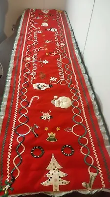 Vintage Christmas Felt Table Runner Wall Hanging Santa Snowman 72x18 • $36