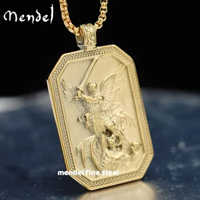 MENDEL Gold Mens St Saint Michael Archangel Medal Medallion Pendant Necklace Men • $18.99