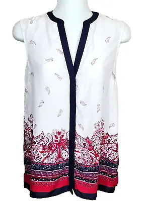 S Oliver Top Womens 2 XXS White Red Paisley Trim Sleeveless Lightweight Blouse • $11.01