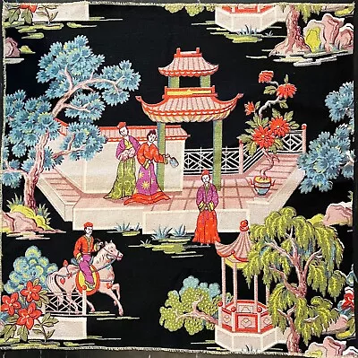 2 East Asian Oriental Theme Barkcloth Vintage Fabric Pillows Pair Mint! 23x23  • $68