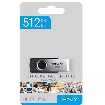 PNY 512G Turbo Attache-R USB3.2 Flash Drive 360 Metal Swivel Cap Stainless Steel • $78.95