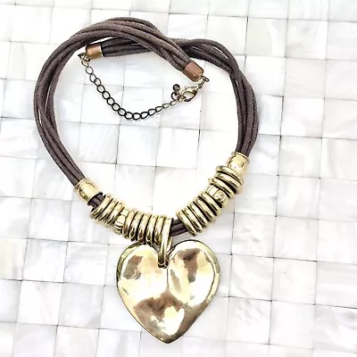 Hammered Gold Tone Chunky Heart Pendant Necklace Corded The Vintage Strand #1711 • $16.99