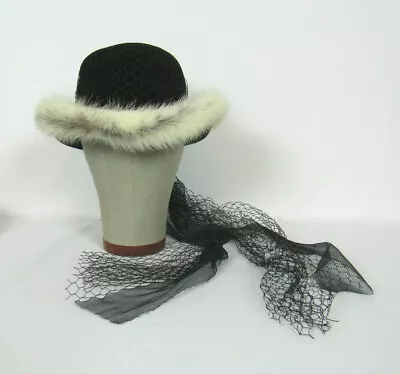 VTG 1940s 50s WINKELMAN's BLACK WOOL HAT SIZE 22 MINK FUR TRIM NETTING TRIM  • $88.16