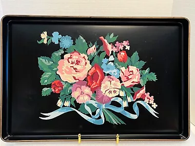 Vintage Hand Painted Toleware Metal Tray Tole Black Floral 18  X 12  • $39.66