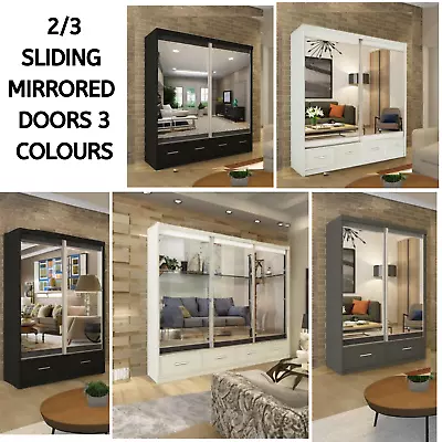 Modern Freestanding Wardrobe With 2/3 Sliding Mirrored Doors 3 Colours HAWAII • £398.99