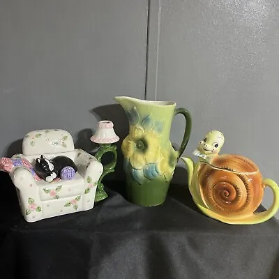 $0.99 • Buy Vintage Flower Vase, Snail Container And Cat On A Couch Container