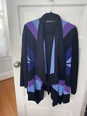 Misook Black/blue/purple Abstract Print Knit Shawl Collar Cardigan Size Medium • $30