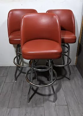Vintage Set Of 3 Mid Century Modern Chrome & Vinyl Bucket Seat Swivel Bar Stools • $540
