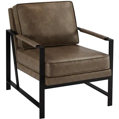 Faux Leather Accent Chair Barrel Chair With Thick Padded For Living Room Brown • £72.99