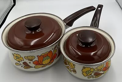 Set Of 2 Vintage Sanko Ware Country Flowers Porcelain Enameled 1&2QT Sauce Pans • $25.99