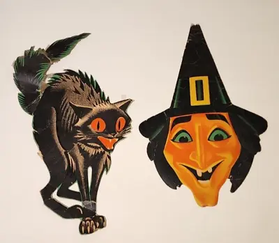 Vintage 2 Large USA Scary Halloween Cardboard Decorations Witch & Black Cat • $29.99