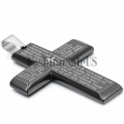 Mens Black Stainless Steel Cross Bible Lord's Prayer Pendant With Chain Necklace • $9.49
