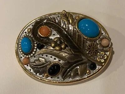 Michal Golan Bright Gemstone Floral Oval Brooch Pendant Onyx? Turquoise ? Coral? • $20