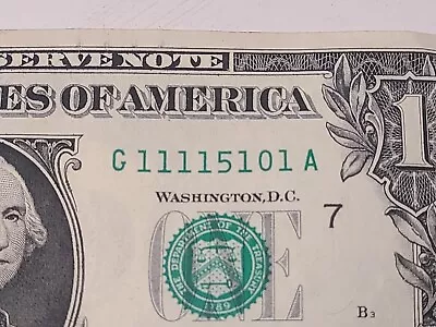 $1 Dollar Fancy Serial Number $1 Bill - 6 Of A Kind 1’s 11115101 Trinary Note! • $4.99