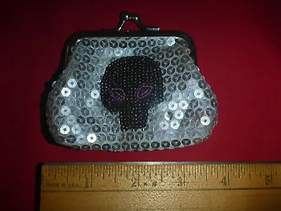 $8 • Buy Black Skull Silver Sequin Coin Purse Day Of The Dead Used Money Holder