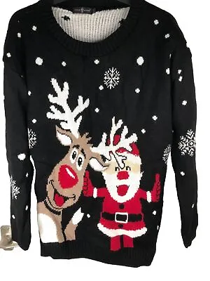 Pure Moda Christmas Jumper Santa And Reindeer Black L/xl • £12.99