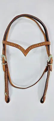 New Leather Weatern Headstall V Shape Tooled Mini Studs Browband & Check Piece • $38.81